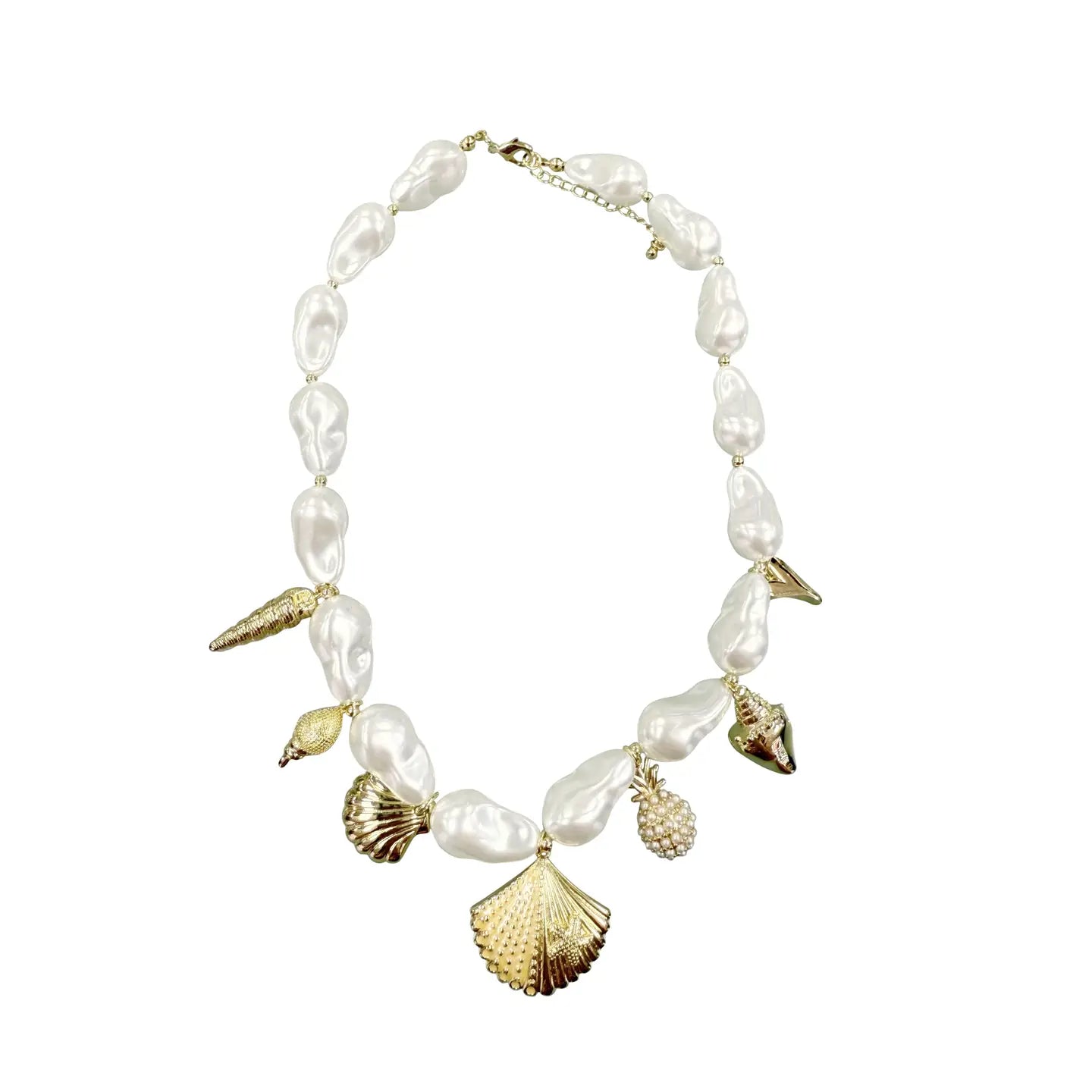Necklace with pearls and gold shell and pineapple charms on a white background