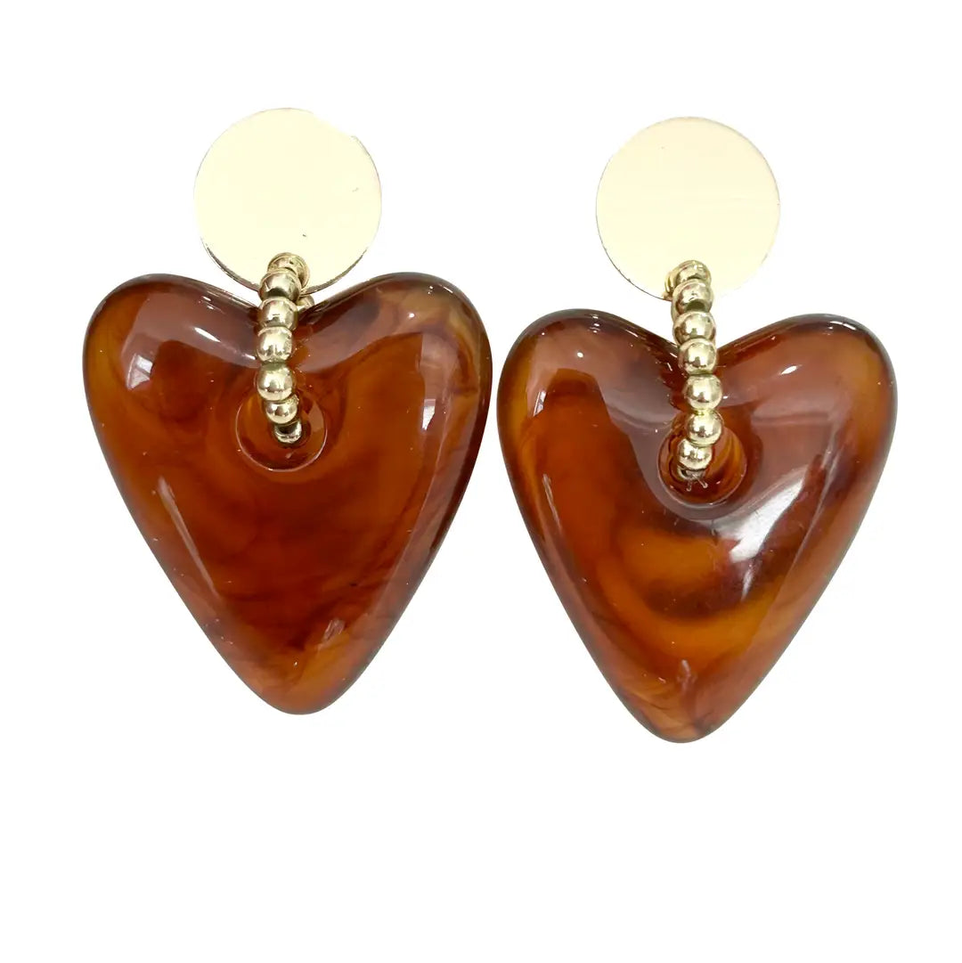 Heart-shaped earrings with brown and beige colors on a white background