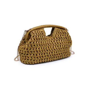 Knotted texture metallic flair crossbody bag in mustard shown from front on white background