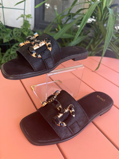 Barbara Black Pony Hair Flat Sandal - The Spark Boutique