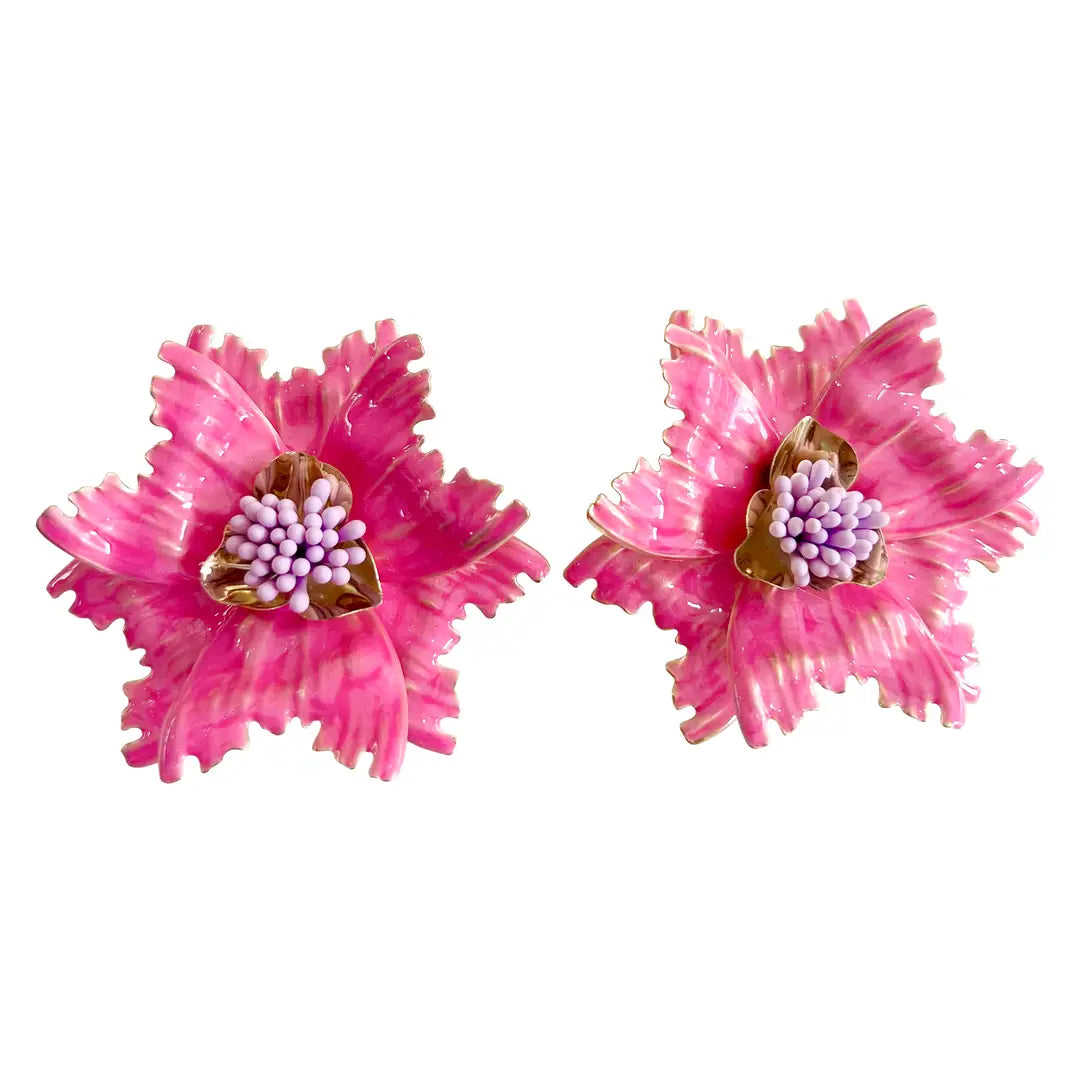 Pair of pink floral earrings on a white background