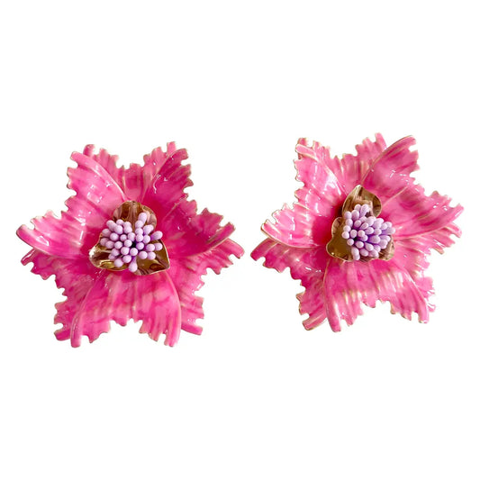 Pair of pink floral earrings on a white background