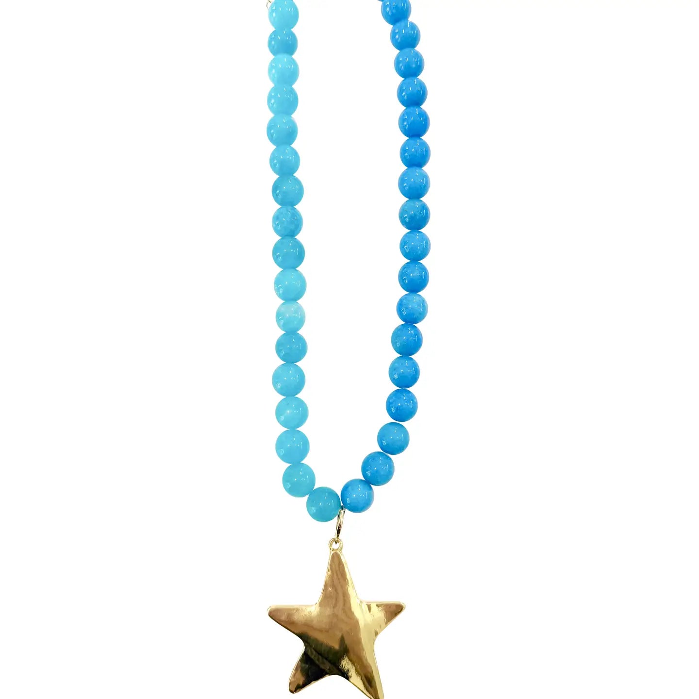 Necklace with blue beads and a gold star pendant on a white background