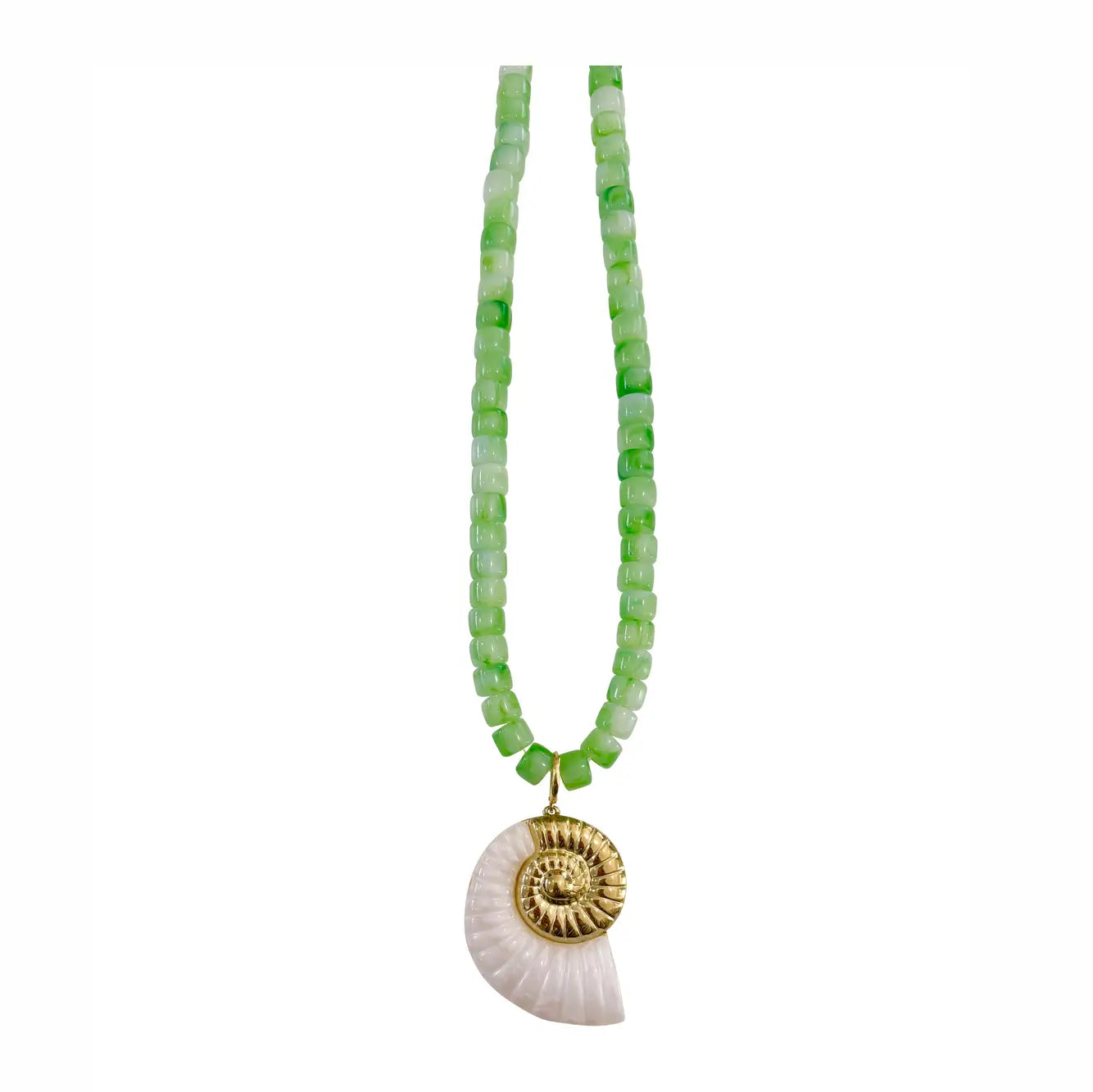Necklace with green beads and a shell pendant on a white background