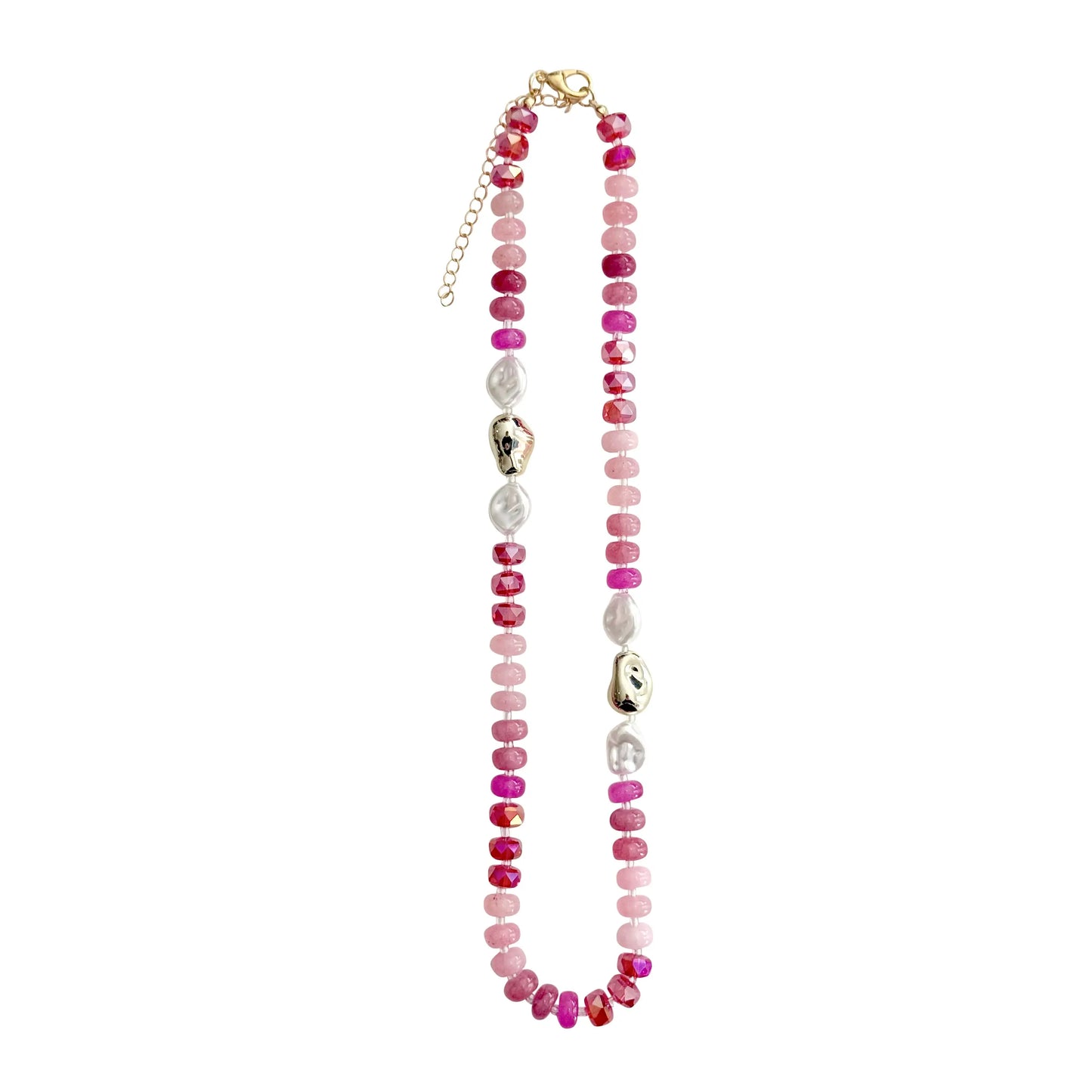 Necklace with pink and gold beads on a white background