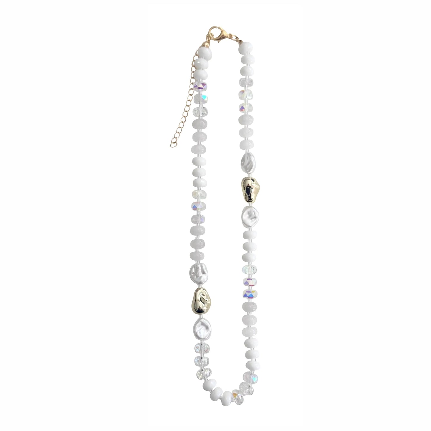 Necklace with white beads and gold accents on a white background