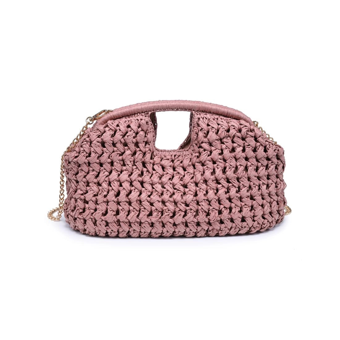 Pink woven handbag with a chain detail on a white background
