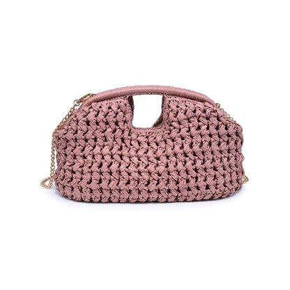 Pink woven handbag with a chain detail on a white background
