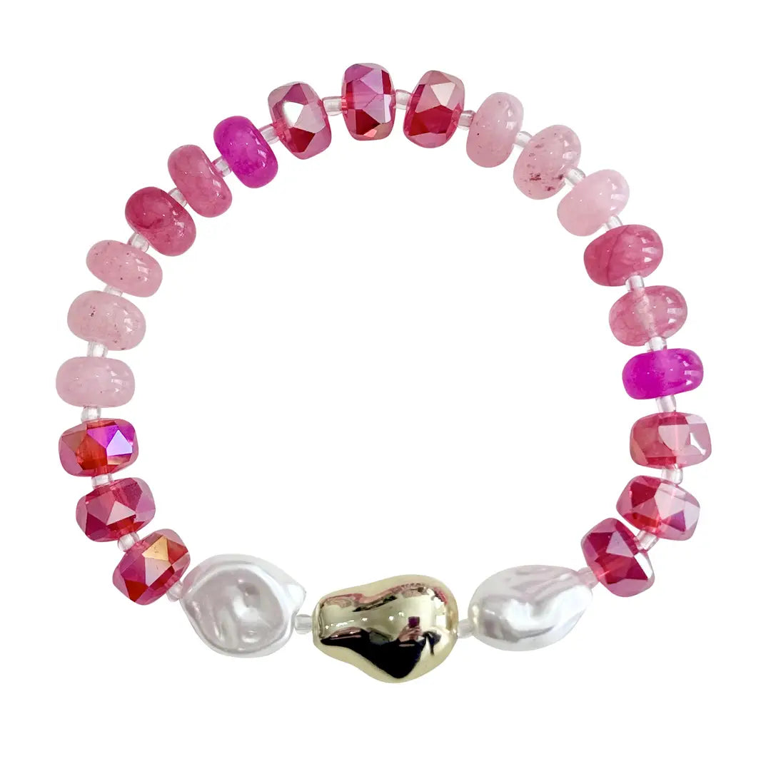 Bracelet with pink and red beads on a white background