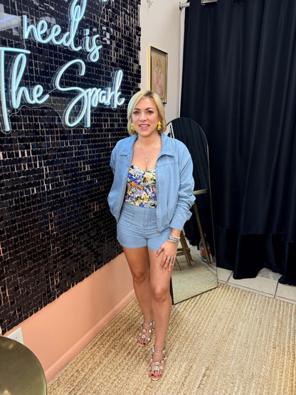Rebecca Soft Breeze Chambray Jacket & Shorts - back view showing relaxed fit. West Palm Beach, Florida - The Spark Boutique