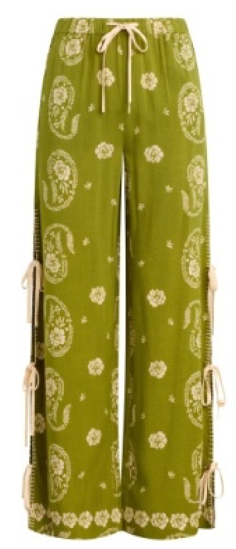 Green pants with white floral pattern on a plain background