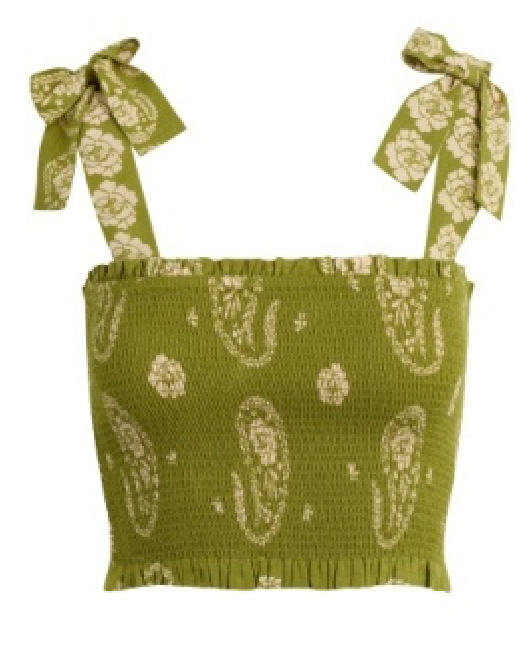 Green top with white paisley patterns and bow straps on a white background