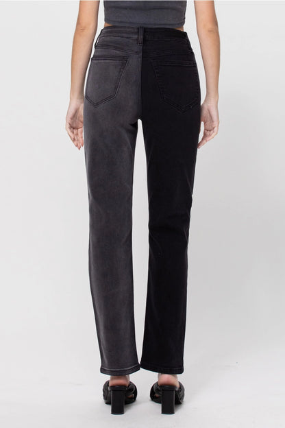 Two tone jeans   
High rise straight leg jeans   
Dark wash black jeans   
Women's straight leg jeans   
Casual high rise jeans   
Dual panel jeans   
Varying wash jeans   
Color block jeans (if the two tones are distinct)
Fresh look jeans
Bold design jeans
Unique wash jeans
High rise fit jeans   
Straight leg fit jeans   
Cotton blend jeans (94% Cotton 4% Elasterel 2% Spandex)   
Stretch straight leg jeans
Denim two tone jeans   
Dark wash and black jeans   
Two tone dark and black jeans   
5 pocket jeans 