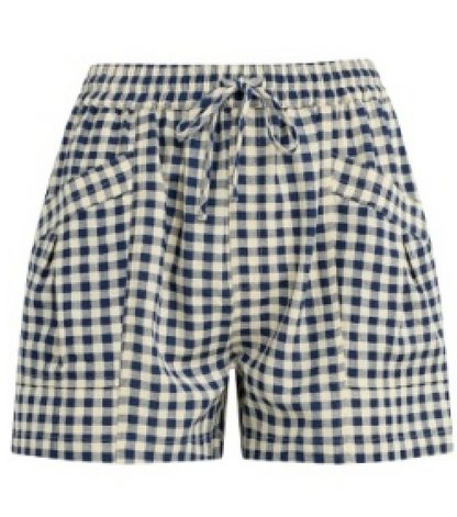 Blue and white checkered shorts on a white background