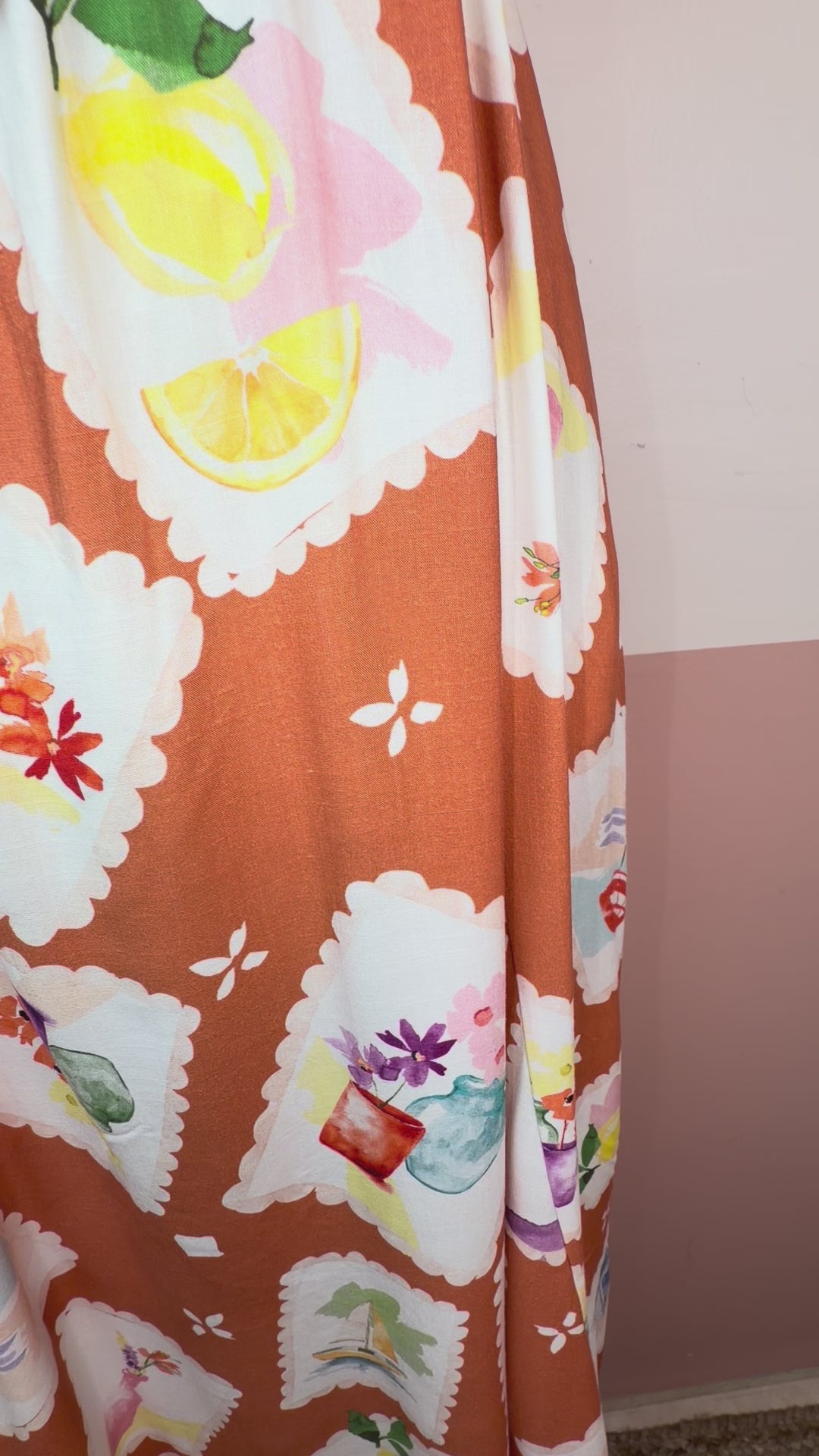 Summer Print, Burnt Orange Color Maxi Dress Halter tie neckline detail on printed summer dress - The Spark Boutique  