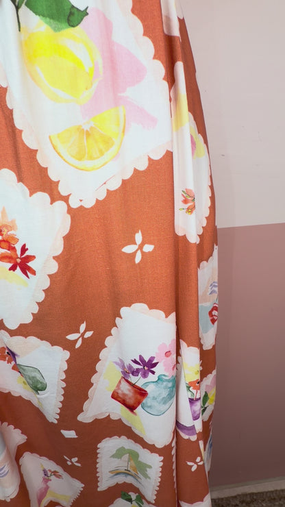 Summer Print, Burnt Orange Color Maxi Dress Halter tie neckline detail on printed summer dress - The Spark Boutique  