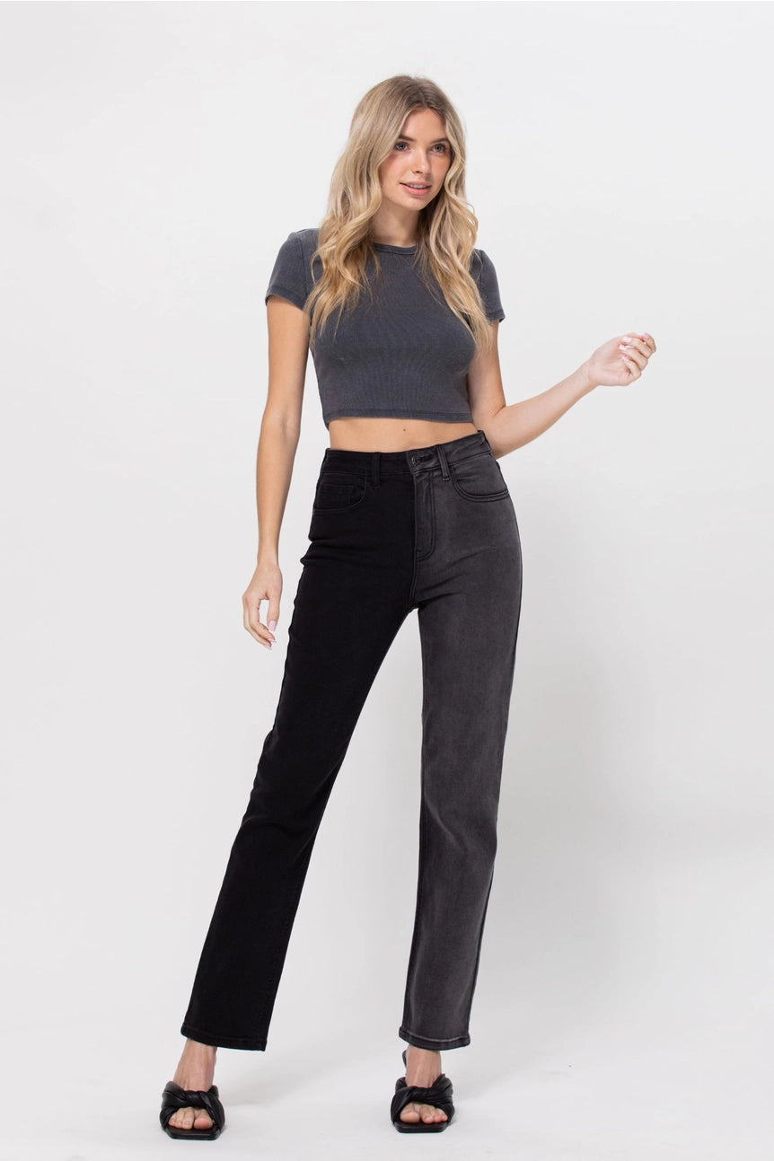 Two tone jeans   
High rise straight leg jeans   
Dark wash black jeans   
Women's straight leg jeans   
Casual high rise jeans   
Dual panel jeans   
Varying wash jeans   
Color block jeans (if the two tones are distinct)
Fresh look jeans
Bold design jeans
Unique wash jeans
High rise fit jeans   
Straight leg fit jeans   
Cotton blend jeans (94% Cotton 4% Elasterel 2% Spandex)   
Stretch straight leg jeans
Denim two tone jeans   
Dark wash and black jeans   
Two tone dark and black jeans   
5 pocket jeans 