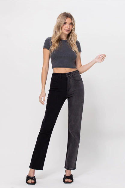 Two tone jeans   
High rise straight leg jeans   
Dark wash black jeans   
Women's straight leg jeans   
Casual high rise jeans   
Dual panel jeans   
Varying wash jeans   
Color block jeans (if the two tones are distinct)
Fresh look jeans
Bold design jeans
Unique wash jeans
High rise fit jeans   
Straight leg fit jeans   
Cotton blend jeans (94% Cotton 4% Elasterel 2% Spandex)   
Stretch straight leg jeans
Denim two tone jeans   
Dark wash and black jeans   
Two tone dark and black jeans   
5 pocket jeans 